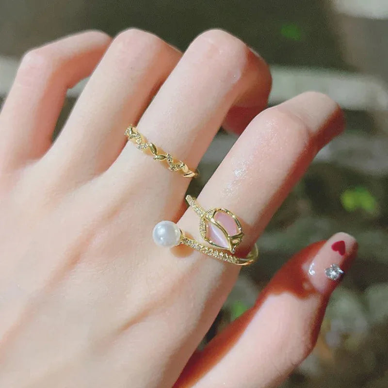 Tulip Bud Adjustable Pearl Ring For Women