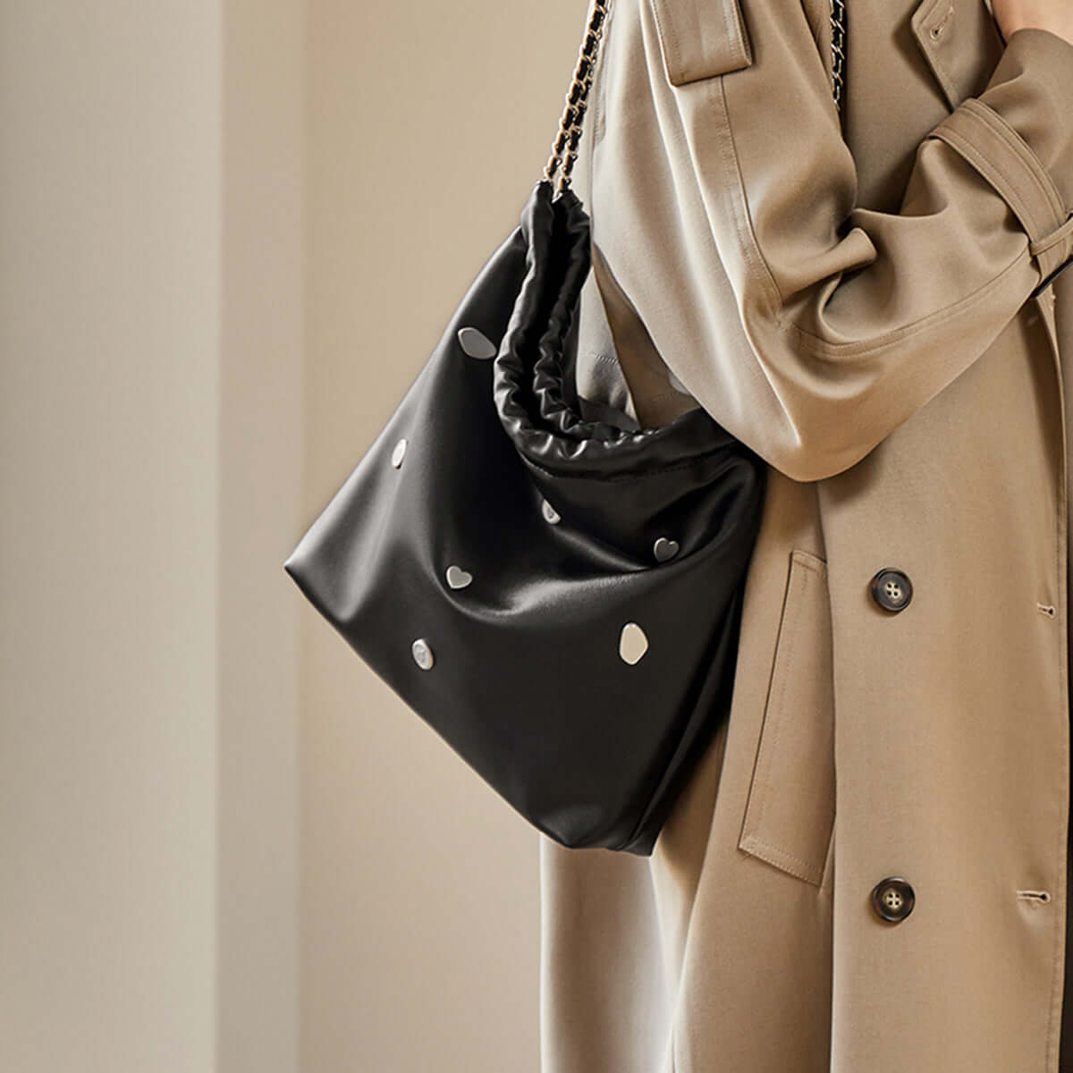 Black Rivet Studded Leather Tote Bag