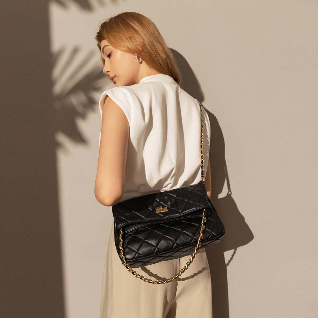 Multi-Strap Black Quilted Flap Shoulder Bag